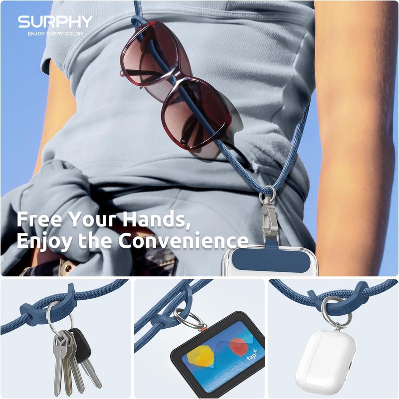 SURPHY Phone Lanyard, Adjustable Phone Strap Crossbody with 2 Pack Cell Phone Tether Tab, Premium Metal Buckles, Skin-Friendly, Universal Cell Phone Lanyard Crossbody for Women and Men, Denim Blue - Image 2